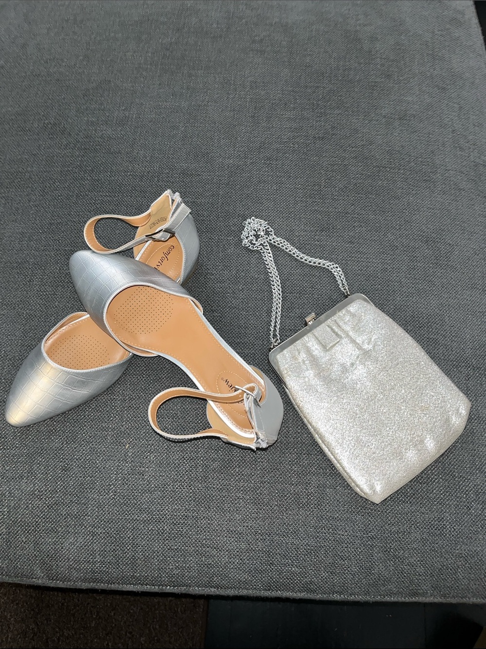 Comfortview Ankle Strap Shoe With Silver Glitter Chain Bag
